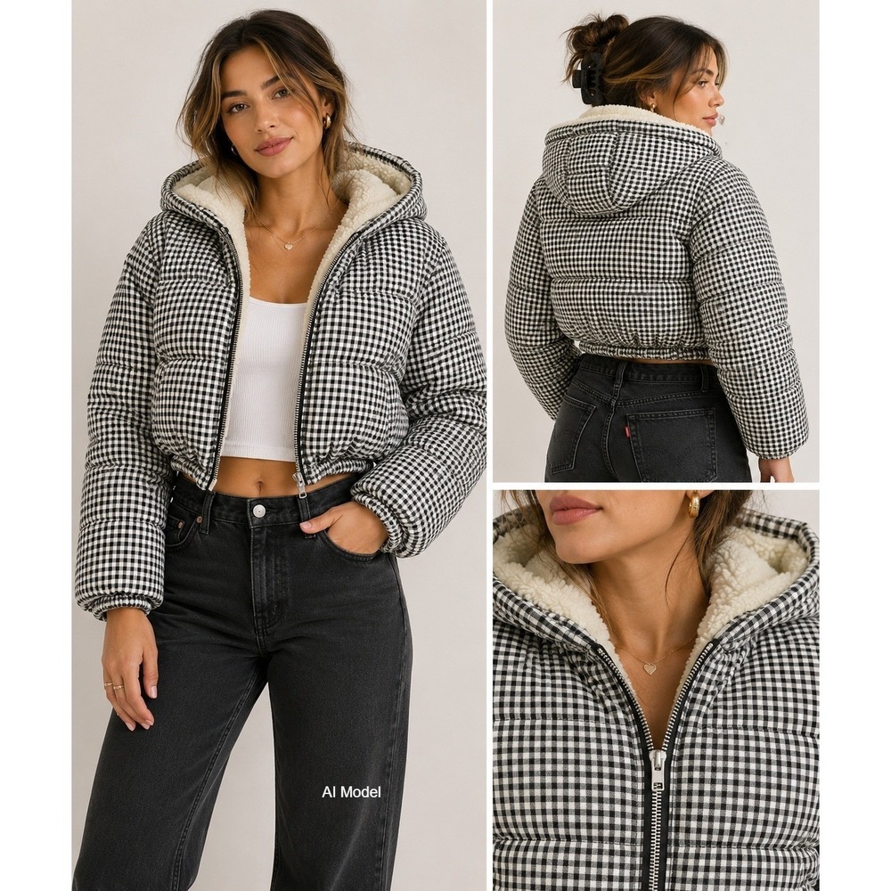 Princess Polly Black White Gingham Cropped Puffer Jacket Hooded Sherpa Lining S